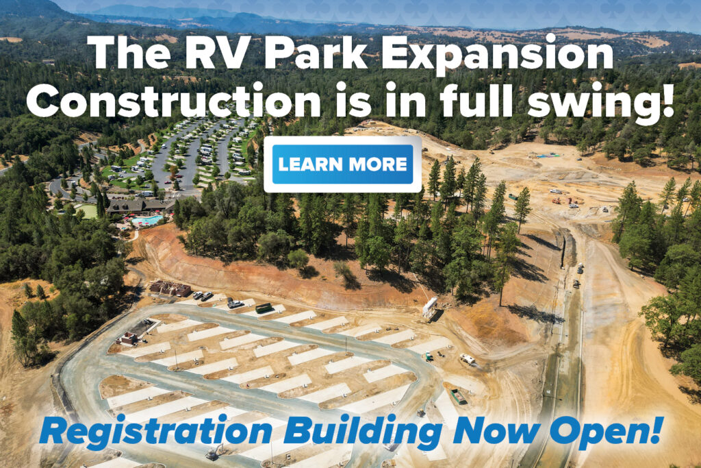 Aerial view of the Jackson Rancheria RV Park with text over lay, "The RV Park Expansion Construction is in full swing! Registration Building Now Open!" with a "Learn More" button.